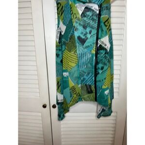 Feratelli Newspaper Print Asymmetrical Zip Vest Teal Green Sleeveless Small